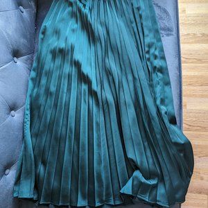J Crew Pleated Satin Midi Skirt in Academic Green